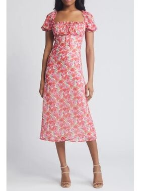 Wayf Pink Floral Square-Neck Midi Dress